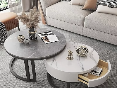 Round Coffee Tables With Marble Top Drawer Sofa And Decorative Items 3d model
