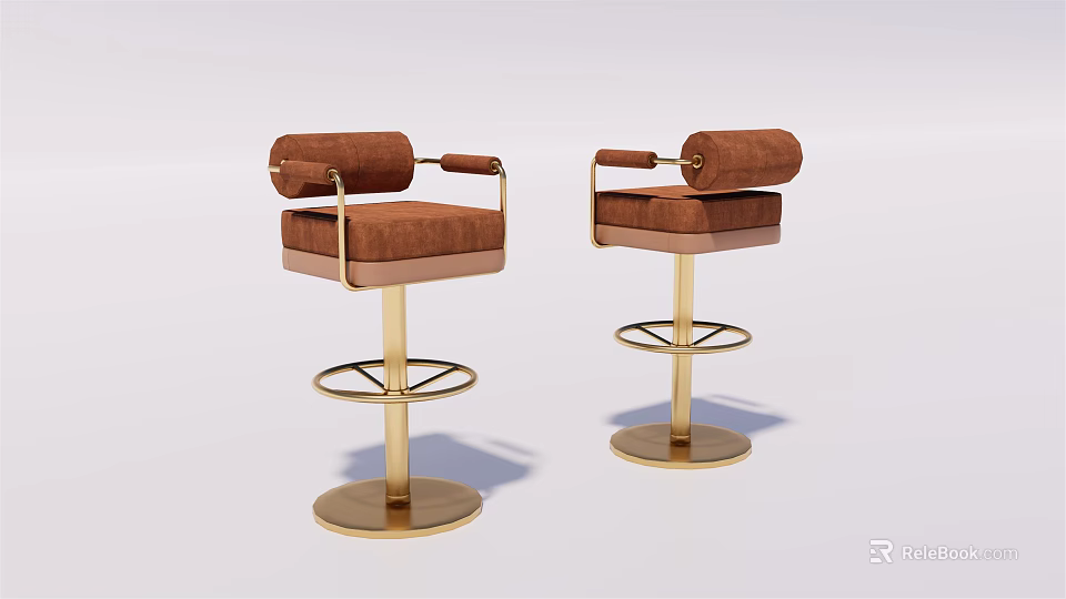 Brown Leather Bar Stools With Armrests Gold Base And Modern Design 3d model 