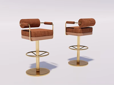 Brown Leather Bar Stools With Armrests Gold Base And Modern Design 3d model