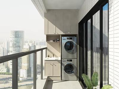 Modern Home Balcony With Stacked Washing Machines Cabinets Glass Doors And City View 3d model