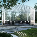 Outdoor Pergola With Grid Roof Structure Wooden Deck And Tables Chairs Surrounded By Green Plants