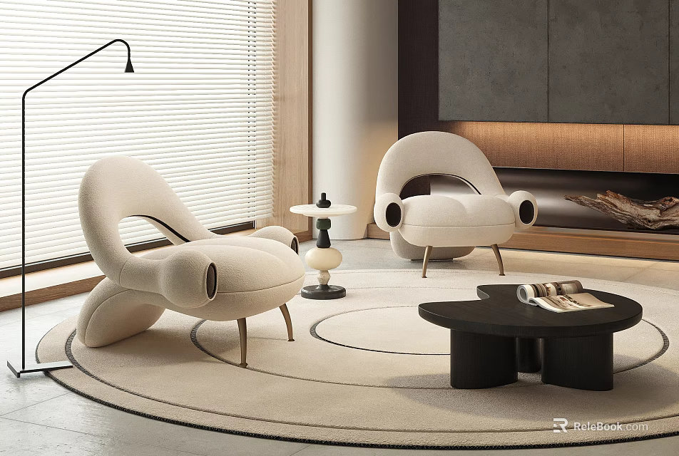 Modern Living Room Interior With Beige Accent Chair Round Rug And Coffee Table 3d model 