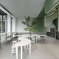 Modern Cafe Interior Design With Green Walls White Tables Chairs And Indoor Plants