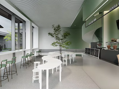 Modern Cafe Interior Design With Green Walls White Tables Chairs And Indoor Plants 3d model