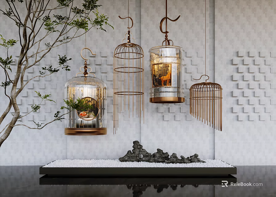 Decorative Ornament Set With Hanging Birdcages Glass Metal Frames Plants And Stone Arrangement 3d model 