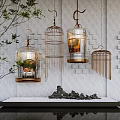 Decorative Ornament Set With Hanging Birdcages Glass Metal Frames Plants And Stone Arrangement
