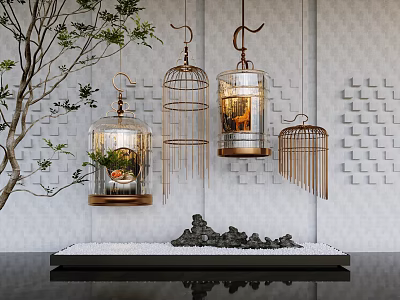 Decorative Ornament Set With Hanging Birdcages Glass Metal Frames Plants And Stone Arrangement 3d model