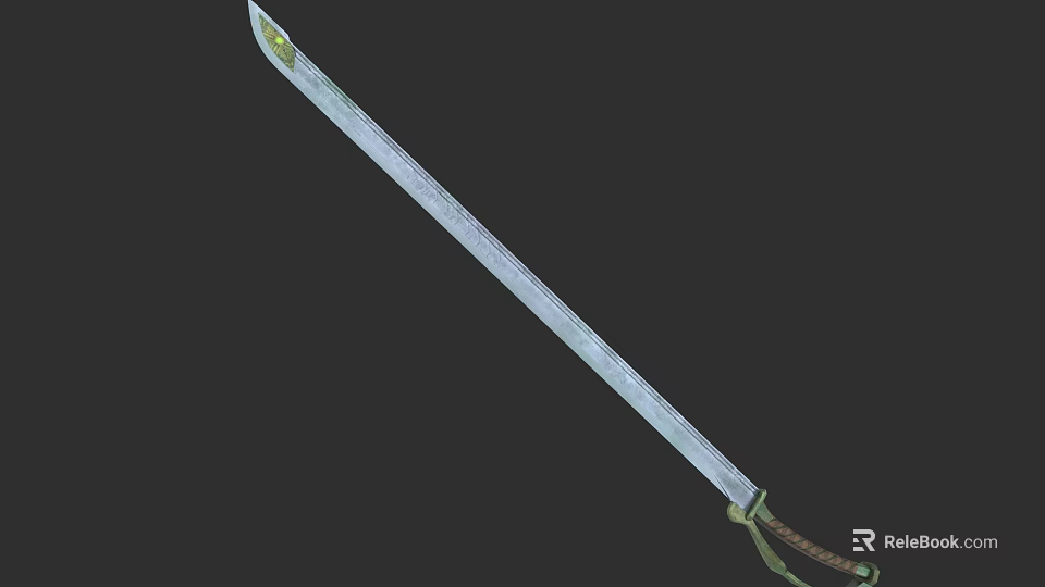Long Metal Sword With Green Wrapped Hilt On Dark Background 3d model 