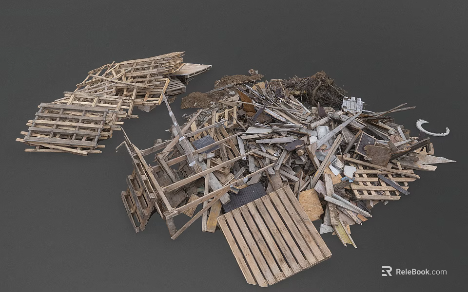 Pile of Scrap Materials Featuring Wooden Pallets Metal Fragments and Waste Pieces 3d model 