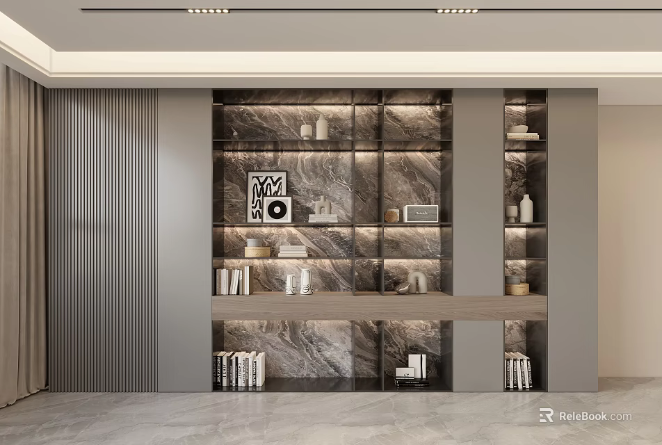 Modern Luxury Bookcase With Marble Backdrop And Open Shelves For Books And Decor 3d model 