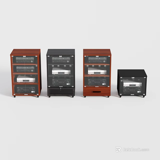 Modern Audio Equipment Cabinets In Various Colors With Multiple Shelves And Components 3d model
