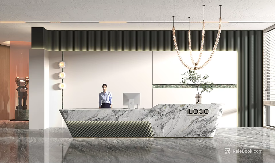 Modern Reception Desk Interior With Marble Countertop Standing Receptionist Hanging Chandelier And Potted Plant 3d model 