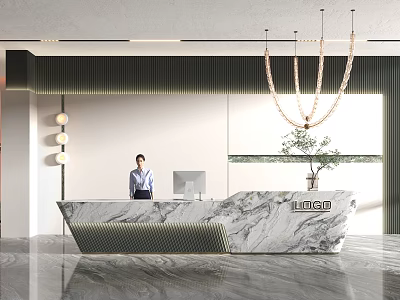 Modern Reception Desk Interior With Marble Countertop Standing Receptionist Hanging Chandelier And Potted Plant 3d model