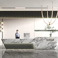 Modern Reception Desk Interior With Marble Countertop Standing Receptionist Hanging Chandelier And Potted Plant