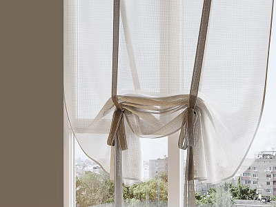 White Curtains With Gray Bow Knot Ties On Window Outside Building And Green Plants View 3d model