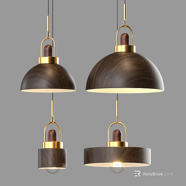 Modern Wooden Dome Shaped Chandeliers With Golden Accents And Minimalist Hanging Design 3d model 
