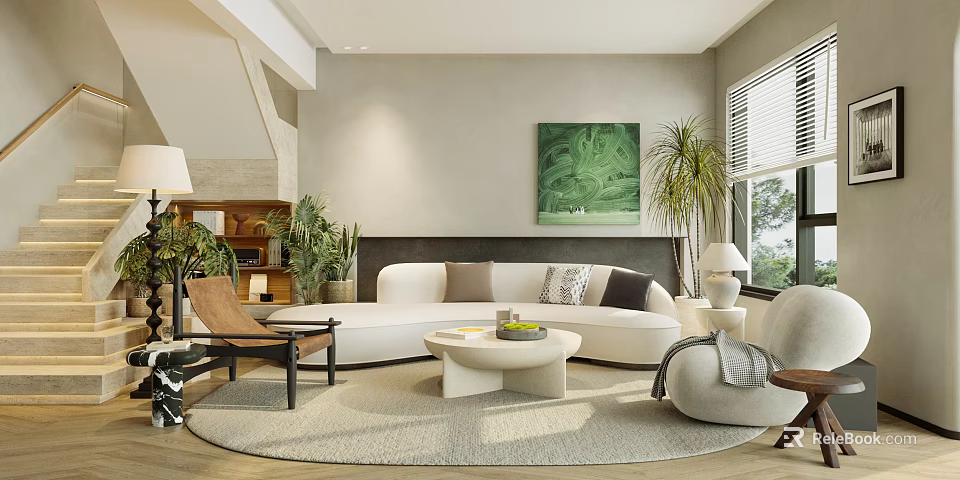 Modern Living Dining Room Interior With White Sofa Coffee Table And Green Plants 3d model 