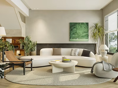 Modern Living Dining Room Interior With White Sofa Coffee Table And Green Plants 3d model