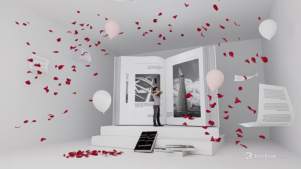Check in Photo Spot With Open Large Book Display Platform Red Petals And White Balloons 3d model 