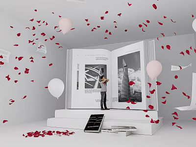 Check in Photo Spot With Open Large Book Display Platform Red Petals And White Balloons 3d model