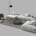 Modern Sofa Coffee Table Set with White L-shaped Sofa Multiple Cushions Round Glass Coffee Table 3d model