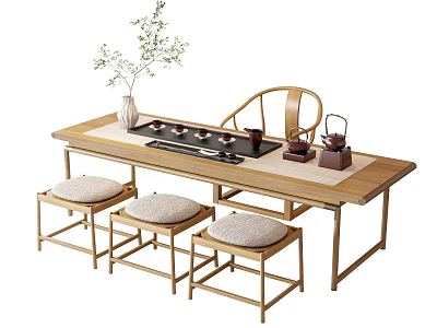 Wooden Tea Table and Chairs Set with Padded Stools Tea Set and Green Plant 3d model