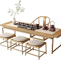 Wooden Tea Table and Chairs Set with Padded Stools Tea Set and Green Plant