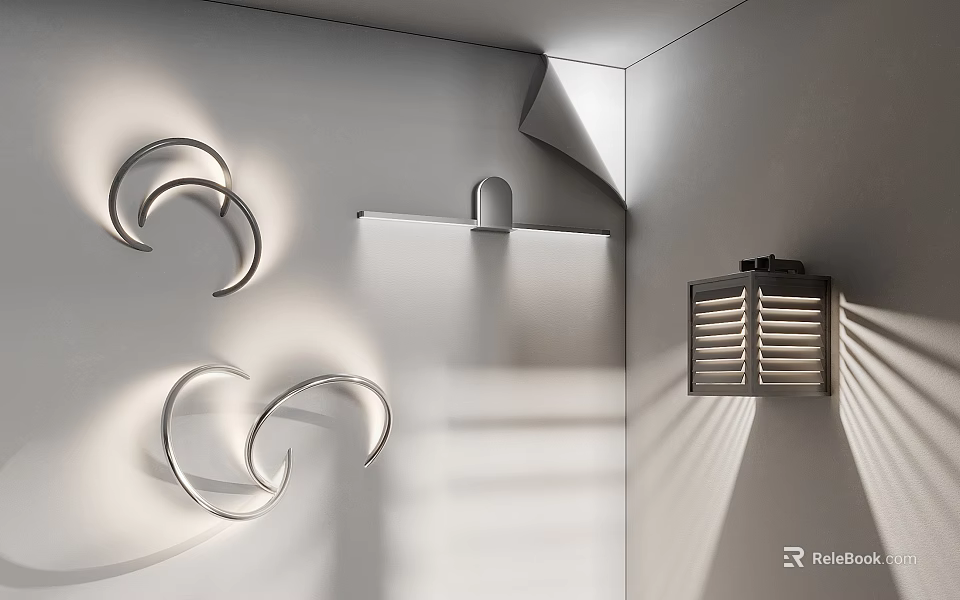 Modern Minimalist Metal Wall Lamps With Curved Shape And Soft Light Projection On White Wall 3d model 