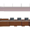 Modern Curved Bar Counter With White Top Multiple Monitors Wooden Drawers And Hanging Lights