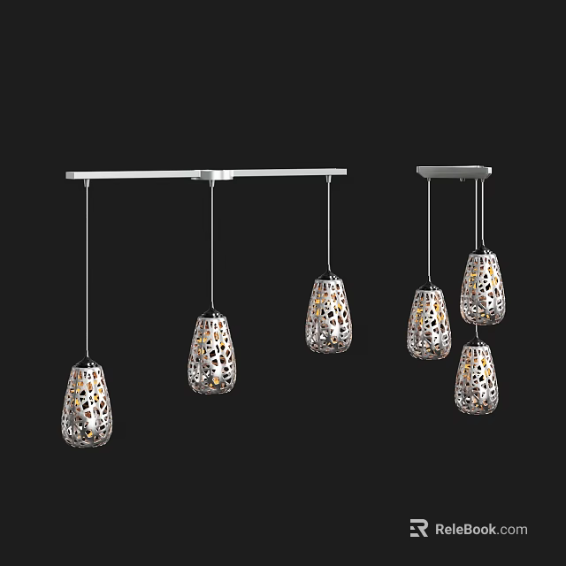 Elegant Modern Pendant Lights With Intricate Cutout Patterns Hanging From Ceiling Rod 3d model