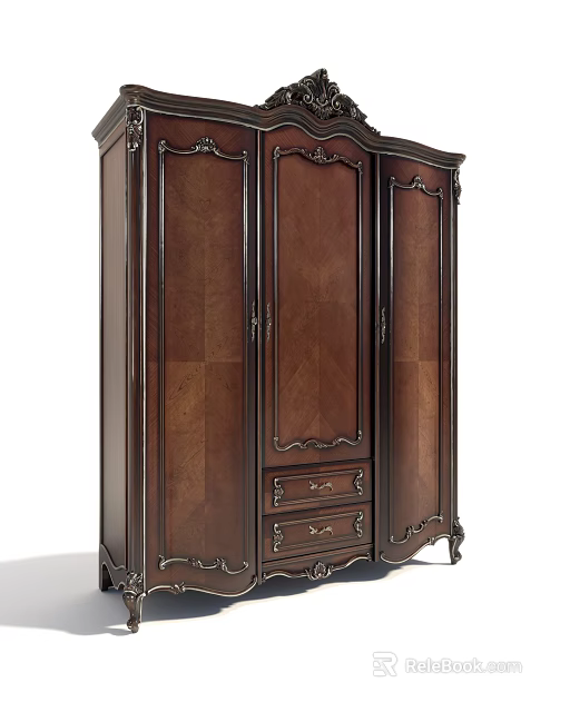 Dark Wood Traditional Wardrobe With Ornate Carved Details Multiple Panel Doors And Bottom Drawers 3d model 
