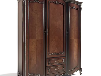 Dark Wood Traditional Wardrobe With Ornate Carved Details Multiple Panel Doors And Bottom Drawers 3d model