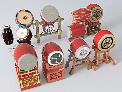 Traditional Musical Instruments Drums With Painted Patterns Red Bodies And Wooden Stands 3d model