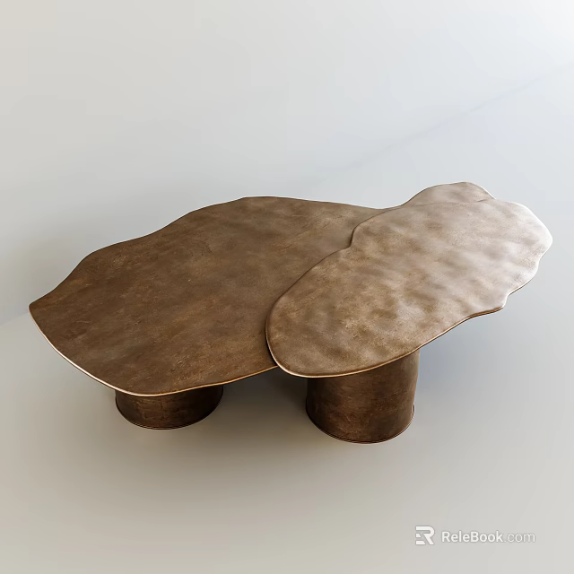 Brass Coffee Table With Hammered Texture Irregular Shape And Two Cylindrical Bases 3d model