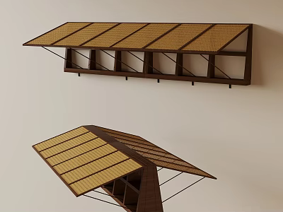 Wall Mounted Wooden Storage Shelf With Bamboo Slatted Top And Multiple Compartments 3d model