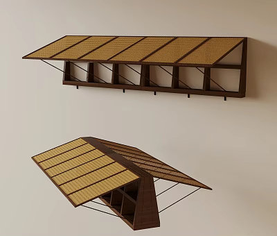 Wall Mounted Wooden Storage Shelf With Bamboo Slatted Top And Multiple Compartments 3d model