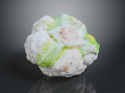 Fresh Cauliflower with White Florets and Green Leaves on Dark Reflective Background 3d model
