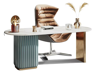 Modern Desk With White Top Blue Ribbed Gold Legs Beige Tufted Chair Gold Lamp Book 3d model