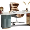Modern Desk With White Top Blue Ribbed Gold Legs Beige Tufted Chair Gold Lamp Book