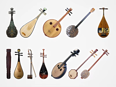 Traditional Chinese Musical Instruments Collection With Various Stringed Types And Designs 3d model