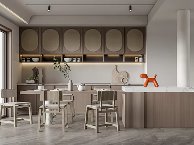 Modern Restaurant Interior Design With Wooden Cabinets Circular Lattice And White Countertop 3d model