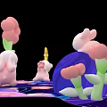 3D Scene With Pink Flowers Yellow Flower Pink Rabbit Dolls Blue Sphere And Colorful Ground