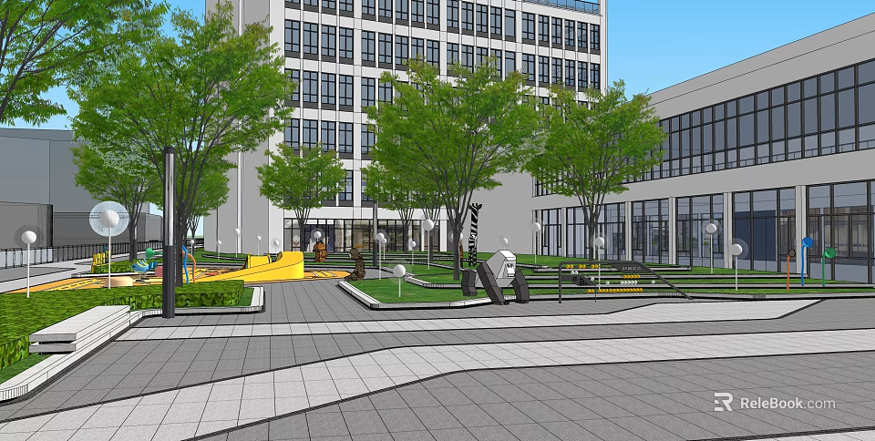 Modern Office Building With Front Plaza Green Trees Lawn And Playground 3d model 