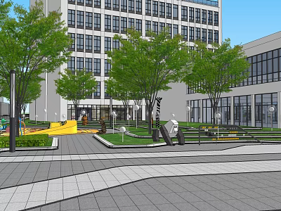 Modern Office Building With Front Plaza Green Trees Lawn And Playground 3d model