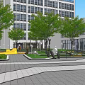 Modern Office Building With Front Plaza Green Trees Lawn And Playground