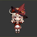 Little Girl In Red Witch Hat With Flower Decoration Blonde Hair Red Eyes Cartoon Style