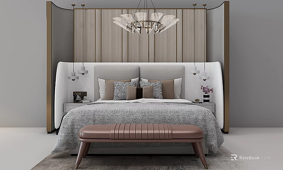 Modern Bedroom Background Double Bed With Upholstered Headboard Pillows Bed Bench And Wooden Accent Wall 3d model 