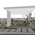 Modern Garden Landscape With White Pavilion Yellow Spherical Lights Stone Path Green Plants And Lawn
