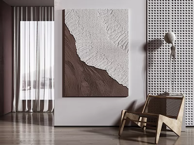 Modern Interior With Textured Abstract Painting Wooden Chair And Floor Lamp 3d model