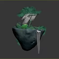 Lush Green Floating Rock Island With Curved Tree Grass And Waterfall Reflection